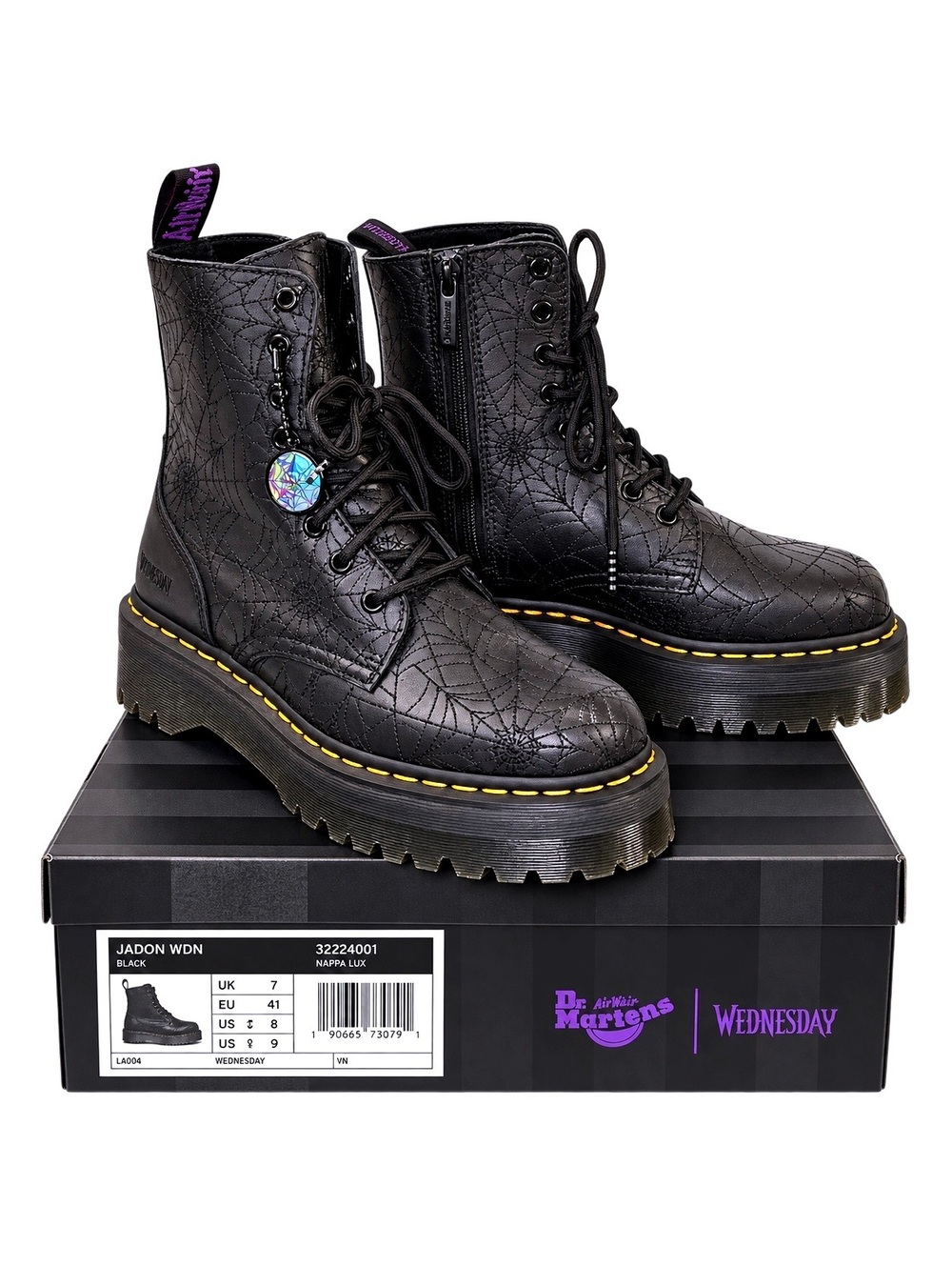 Dr. Martens x Wednesday Jadon WDN Spiderweb Boots Black Nappa Lux US 9